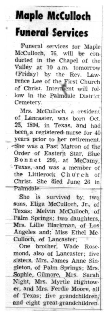 McCulloch,   Maple obituary