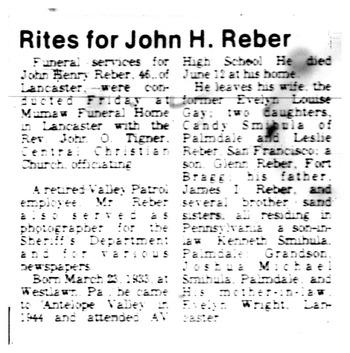 Reber,   John Henry obituary