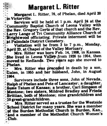 Ritter,   Margaret Louise obituary