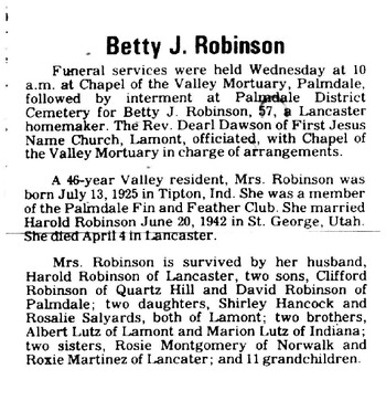 Robinson,   Betty Juanita obituary