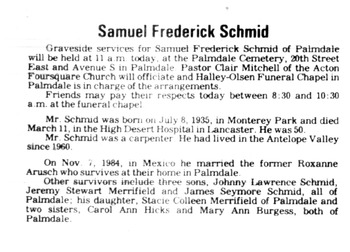 Schmid,   Samuel Frederick ('Freddy') obituary