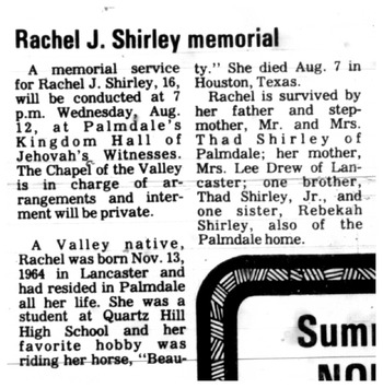 Shirley,   Rachel J. obituary
