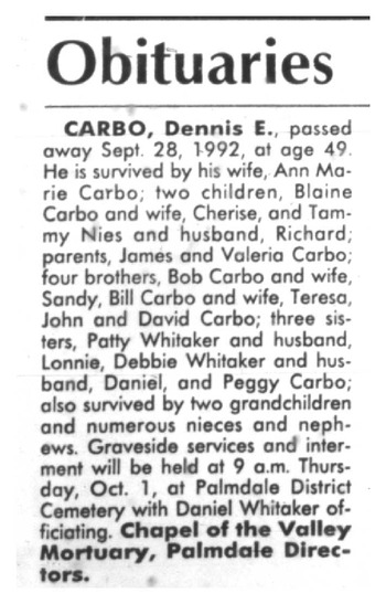 Carbo,   Edward Dennis obituary