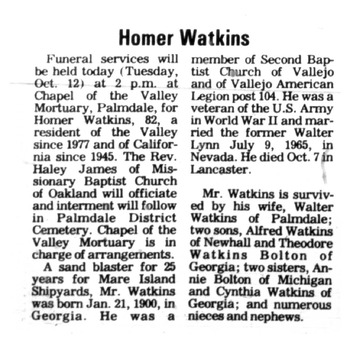 Watkins,   Homer obituary