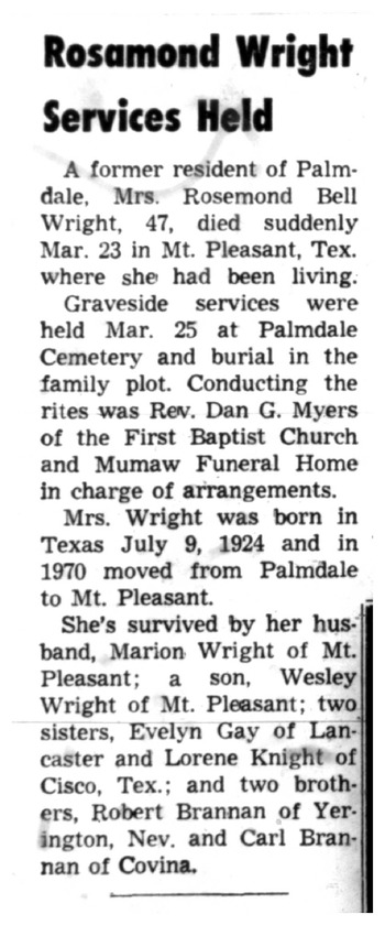Wright,   Rosemond Bell obituary