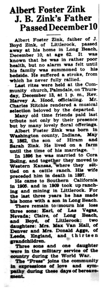 Zink,   Albert Foster obituary
