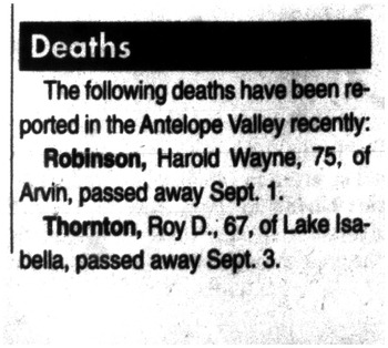 Robinson,   Harold Wayne obituary