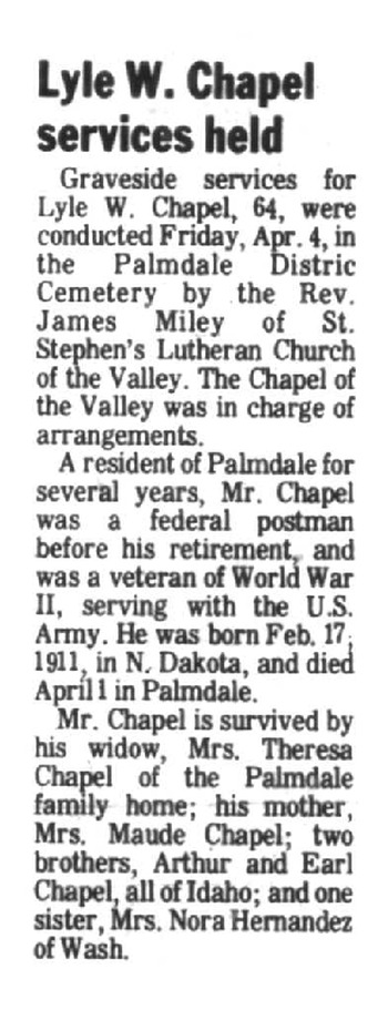 Chapel,   Lyle W. obituary