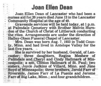 Dean, Joan Ellen obituary