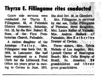 Fillingame,   Thyrza Dale obituary