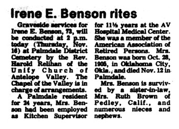 Benson,   Irene Elberta obituary